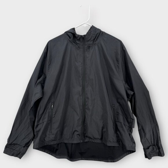 Windbreaker Jacket Mens 2XL Black Hooded Lightweight Packable Y2K - Picture 1 of 5
